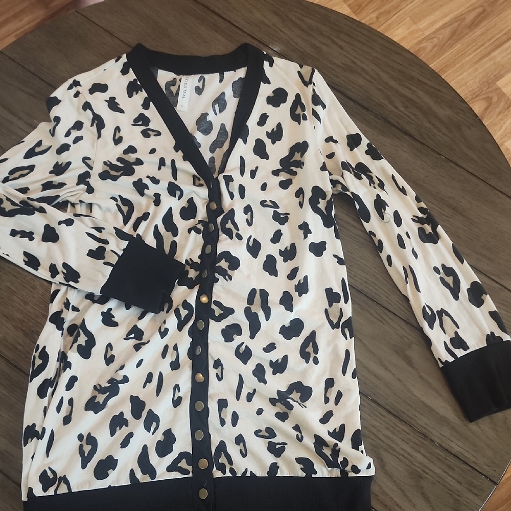 Womens Tickled Teal Leopard Print Button UpCardigan with Black Trim